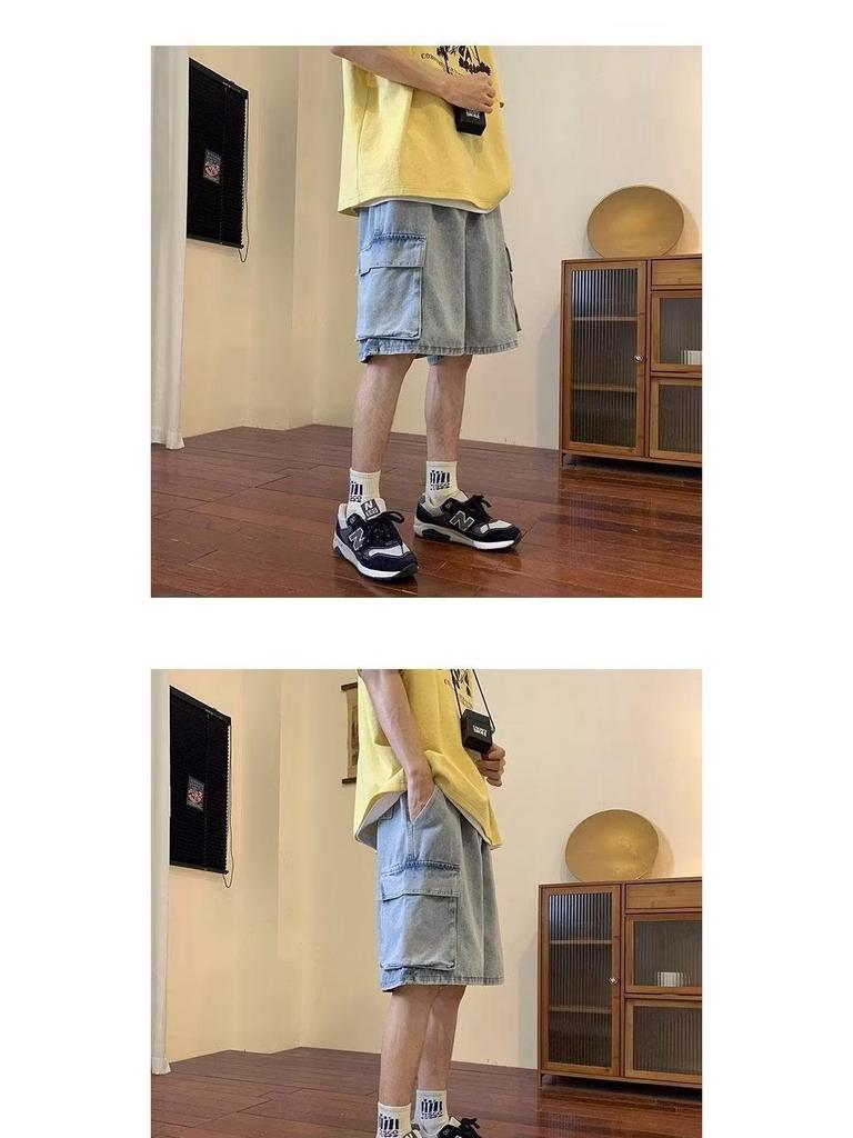 Men's High Street Solid Color Summer Work Shorts with Large Pockets - Trendy Five-Point Style.