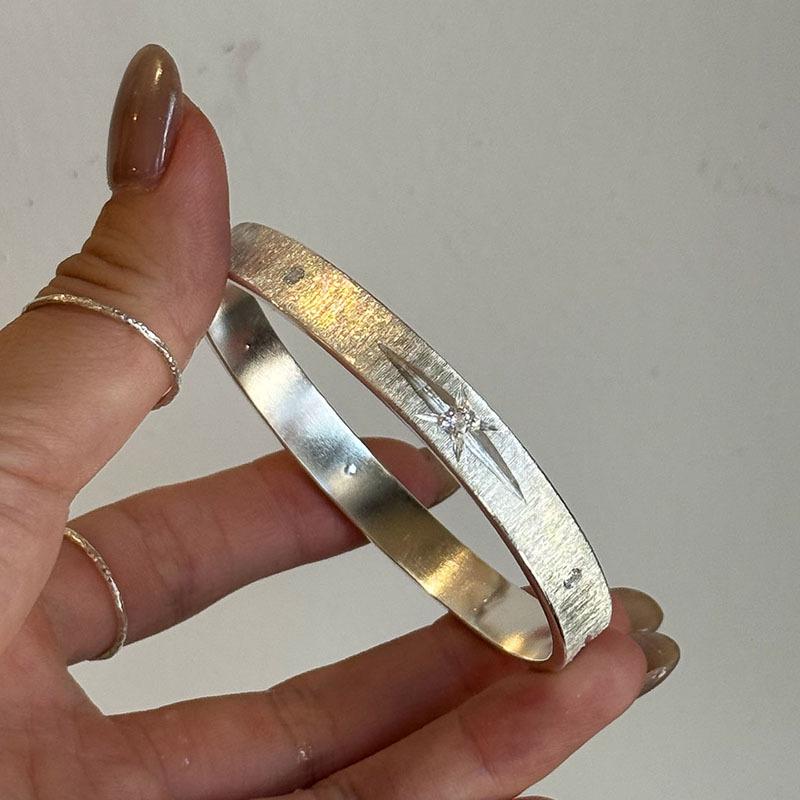 Classical Carving Brushed Starry Point Diamonds Texture Circle Silver Bracelets for women Simple Wide Bracelet Party