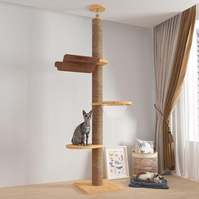 Boden-bis-Decke Katzenkratzbaum mit Raumkapsel & Kratzstamm, Massivholz, Vier Etagen, Katzenkletterspielzeug