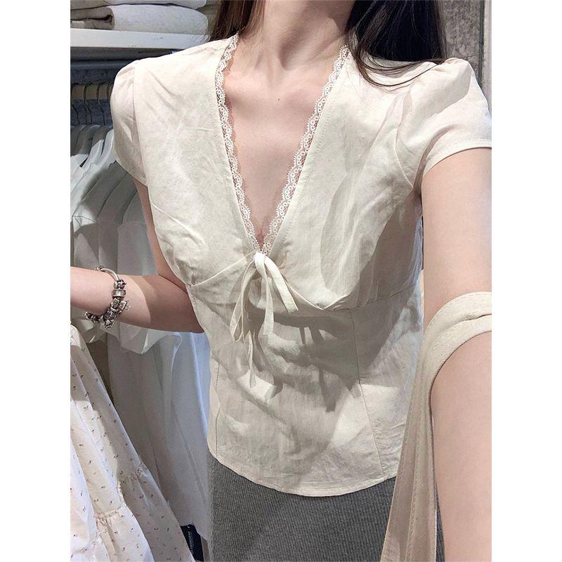 Kumikumi Design Sense Lace Short sleeve Shirts Women clothes Summer French style Bow Lace-up V-neck Top