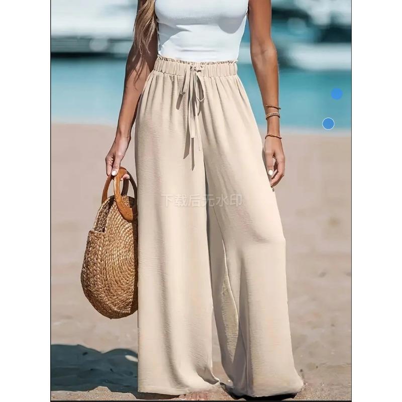 Women Elastic Waist Drawstring Wide Leg Pants Casual Beach Trousers