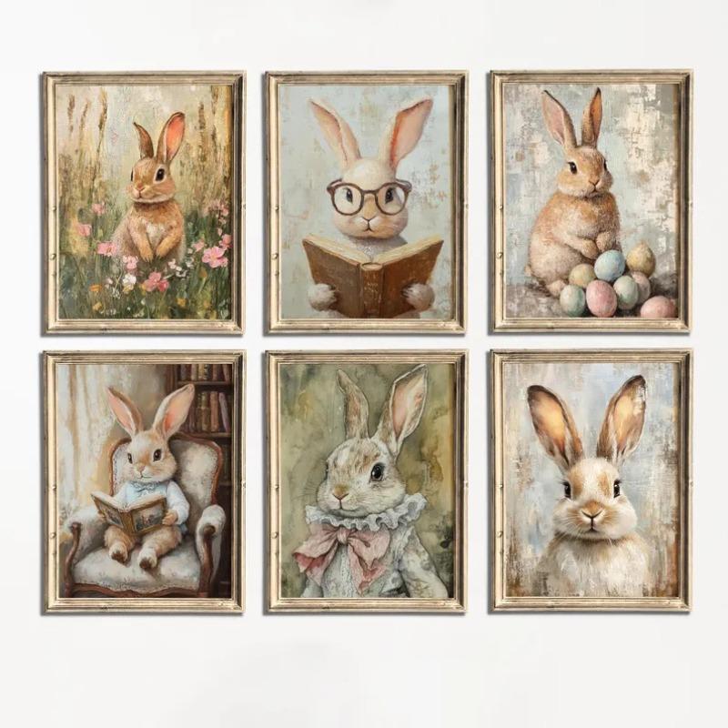 Spring Prints, Set of 6 Spring Gallery Wall Art,Vintage Easter Bunny Painting, Farmhouse Easter Paintings,Farmhouse Poster Decor