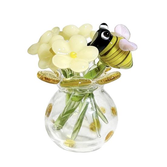 Niedliche Mini-Figur Blume aus Kunstkristall, mundgeblasenes Glas-Bouquet, Sammlerstück, kleines Blumenvasen-Ornament mit Biene/Vogel für Heim- und Büro-Tischdekoration