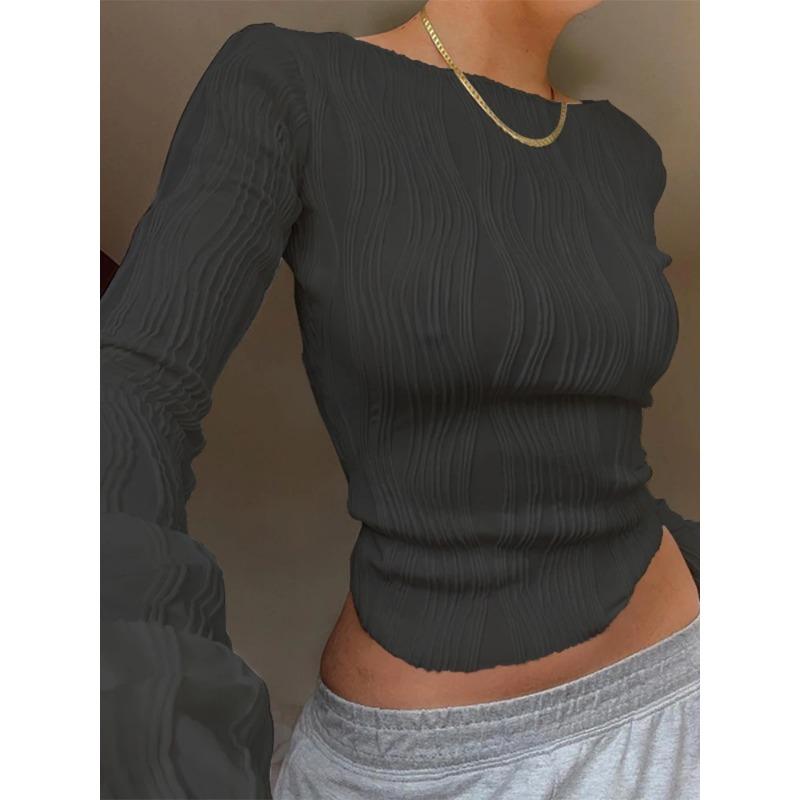 

Женские топы, топы с длинными рукавами для женщин, женская модная повседневная футболка с длинными рукавами и рюшами, женская белая узкая укороченная рубашка 2024, осень 2024 г. S чёрный