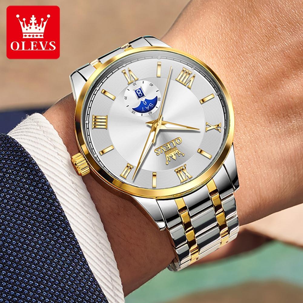 OLEVS Luxury Man Watch Solid Steel Strap Moon Phase Quartz Watch for Men Roman Dial Trendy Simple Waterproof Men's Watches 3638