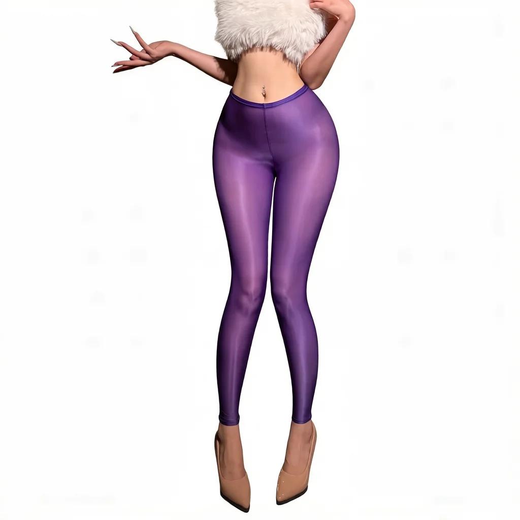 Fashion Women Thin Pants Sheer See Through Oil Shiny Leggings Pencil Pants Elastic Smooth Shaping Slim Ninth Pants Maid Tights