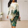 Women Plus Size Round Neck Long Sleeve Blue Gold Printed Bodycon Midi Dress