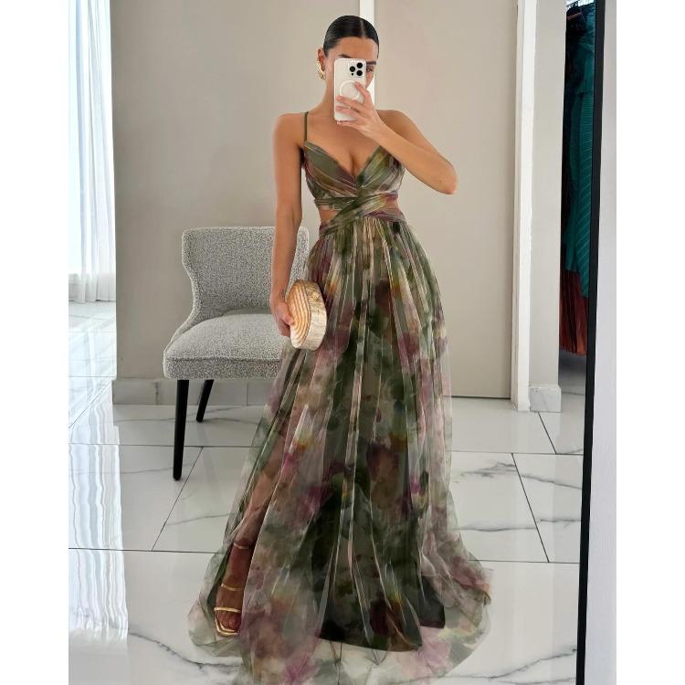 

Spring/Summer Printed Mesh Strapless Sexy Dress with Oversized Skirt – Perfect for Holidays Leisure and Parties XL армія зелений колір