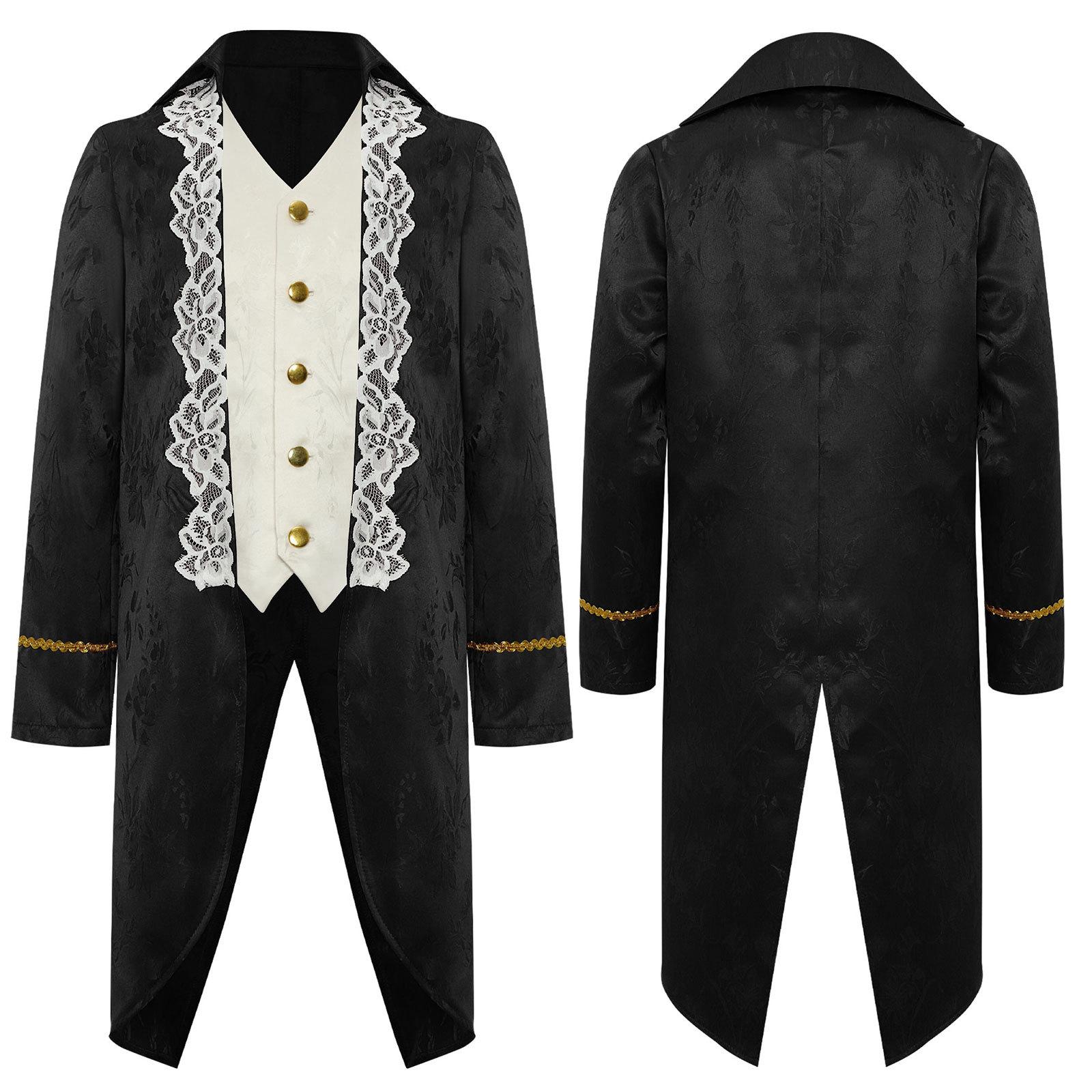 

Kids Medieval Costume Boys Victorian Tailcoat Long Sleeves Turn-Down Collar Fake 2 in 1 Lace Embroidery Renaissance Jacket for Halloween 7-8 Years чорний