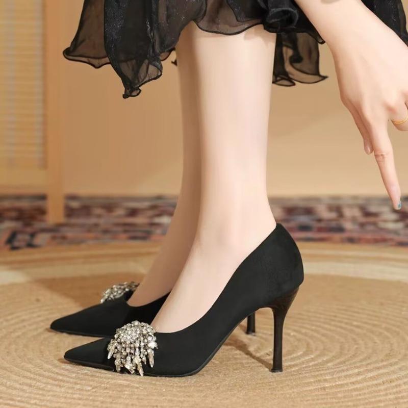 Fashion Rhinestone Flower Stiletto Shoes Autumn New Style Pointed Suede Slip-on Non-slip Wear-resistant High Heels