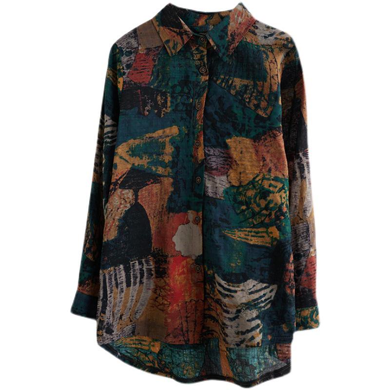 Dámská retro květinová košile s dlouhým rukávem a čtvercovým výstřihem nadměrné velikosti na jaro/podzim 2024