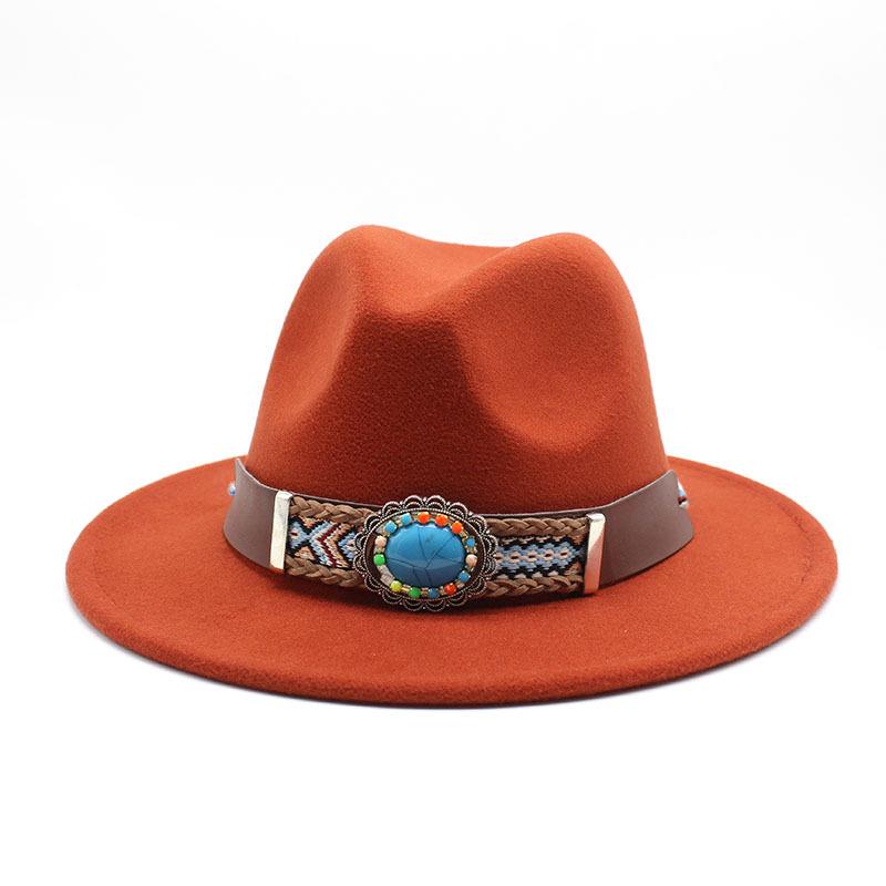 Ethnic Style Flat-Brimmed Big-Eave Hat Straight-Brimmed Jazz Hat Woolen Top Hat
