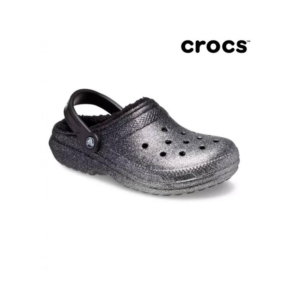 Crocs Common Classic Glitter Lined Clogs Black Silver 205842 067