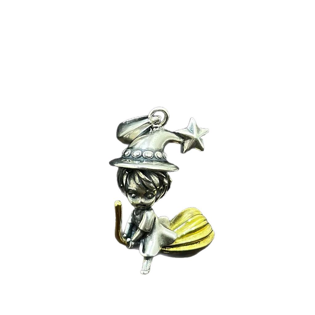 S925 Sterling Silver Retro Witch God of Wealth Cartoon Pendant