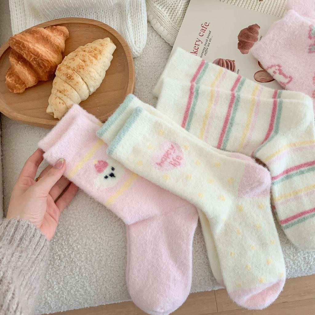 Pink Australian Fleece Socks Thickened Warm Socks Cartoon Striped Cute Plush Floor Socks