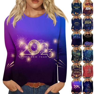 Women's And Winter Round Neck Long Sleeve T-Shirt 2024 New Year Printed Top