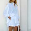 Spring Summer Solid Cotton Short Two Piece Set Women Stripe Long Sleeve Shirts Shorts 2 Piece Sets Simple Style Lady Suit
