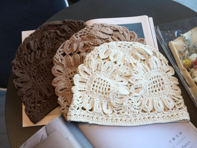 Ethnic Exotic Style Wide Hand Hook Sunflower Retro Baotou Hat Spring and Summer Hollow Cotton Thread Knitted Hat