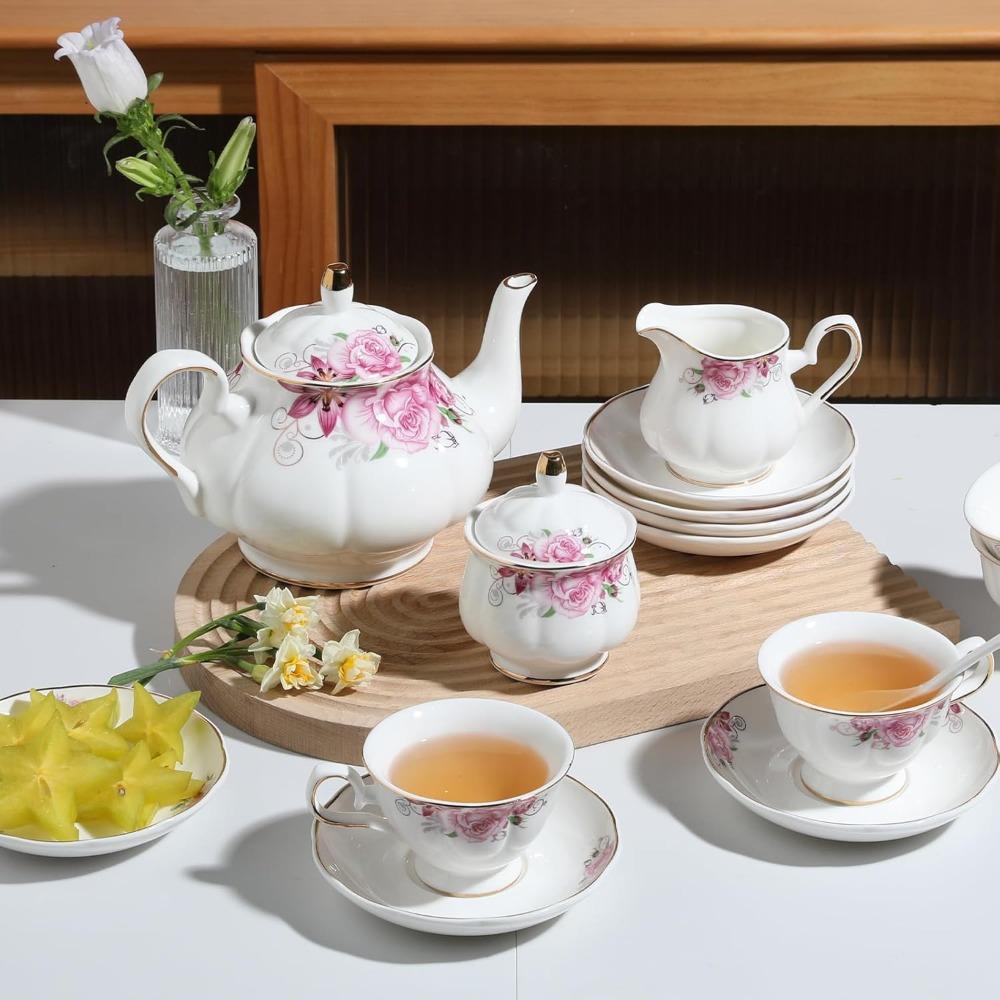 Vintage Floral Embossed Gold Teapot Cup and Saucer Set, Tea Service for 6 People, Including Teapot, Sugar Bowl, Milk Jug