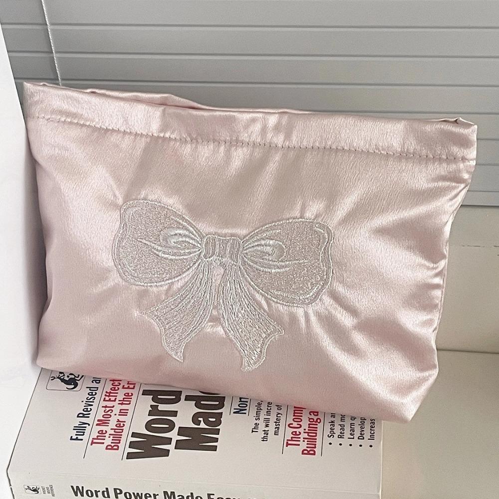 Luxury Pink Bow Makeup Bag Handbag Bow Embroidery Toiletry Storage Pouch Pearl Zipper Make Up Organizer Bag Ladies
