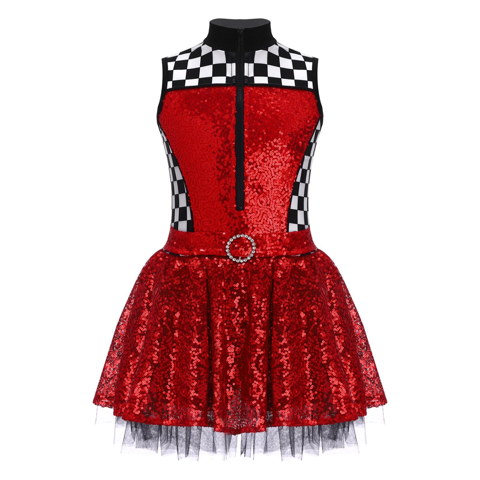 

Girls Race Car Driver Costume Sequins Patchwork Mock Neck Sleeveless Front Zipper Rhinestone Waist Ring Puffy Dress 9-10 Years червоний