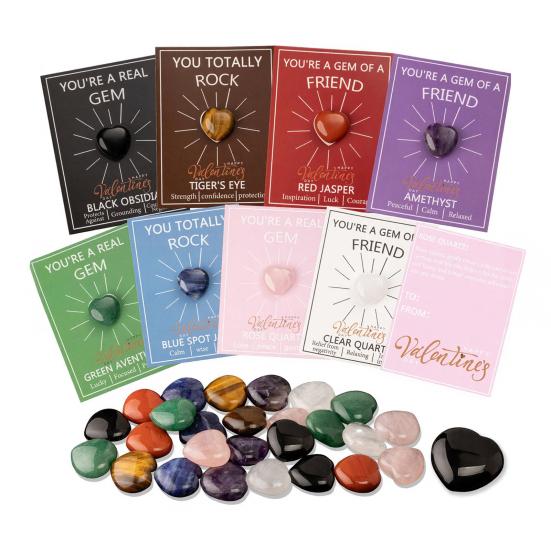 Heart Shaped Faux Crystal Card Class Exchange Gift Set 28 Natural Polished Stones with Cards Valentine Day Party Favors