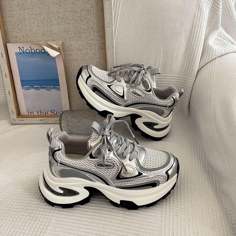 Thick Sole Height Increasing Silver Platform Women Casual Sports Chunky Dad Sneakers