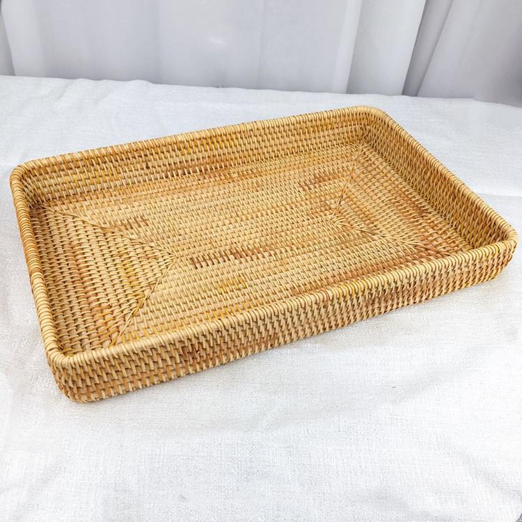 Handwoven Rattan Storage Basket, Wicker Tray Picnic Basket Food Plate Fruit Cake Sundries Box Home Desk Decoration