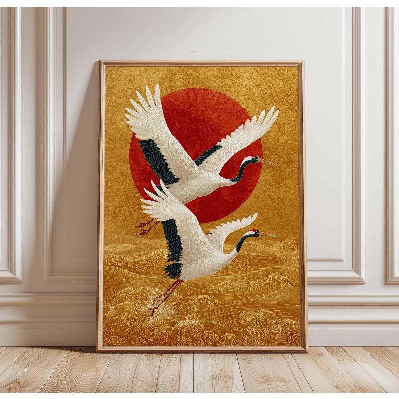Japanische Elegante Kraniche Natur Poster Fliegende Kraniche in Gold und Weiß Leinwandbild Asiatische Wandkunst Wohnzimmer Heimdekoration