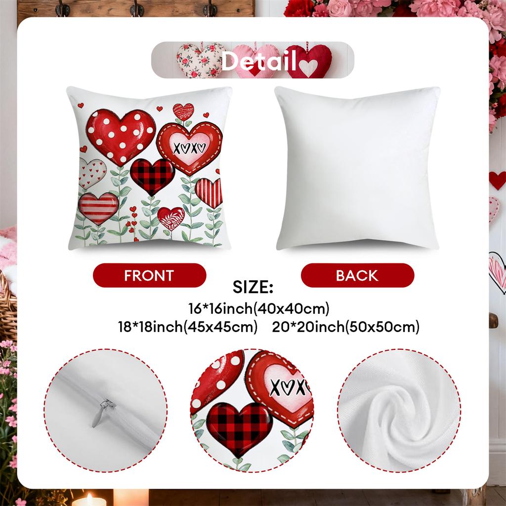 4pcs Valentine's Day Throw Pillow Covers Be My Valentine Stripe Heart with Leaf Designs, Zip Closure, Anniversary, Wedding, Party Cushion Case