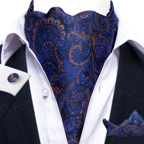 Mens Ascot Silk Cravat Blue Paisley Tie Handkerchief Cufflinks Set Formal Party