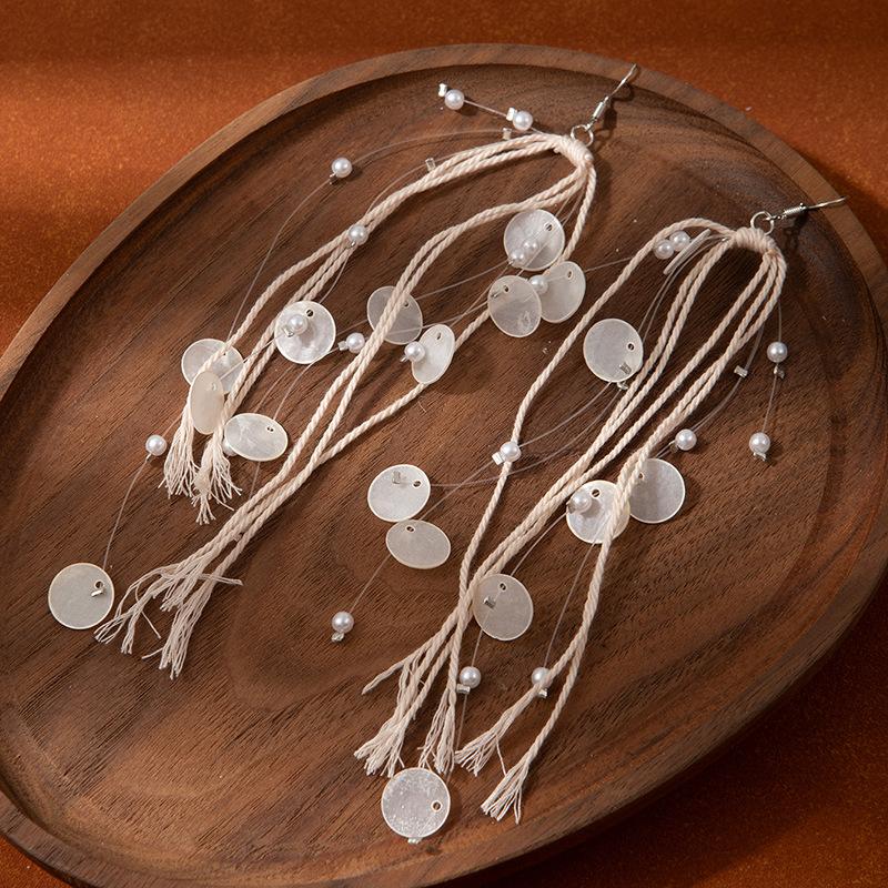

Seaside Vacation Style Pearl Shell Fringed Long Earrings Women S Light Luxury High-End Earrings Super Fairy Sweet Earrings