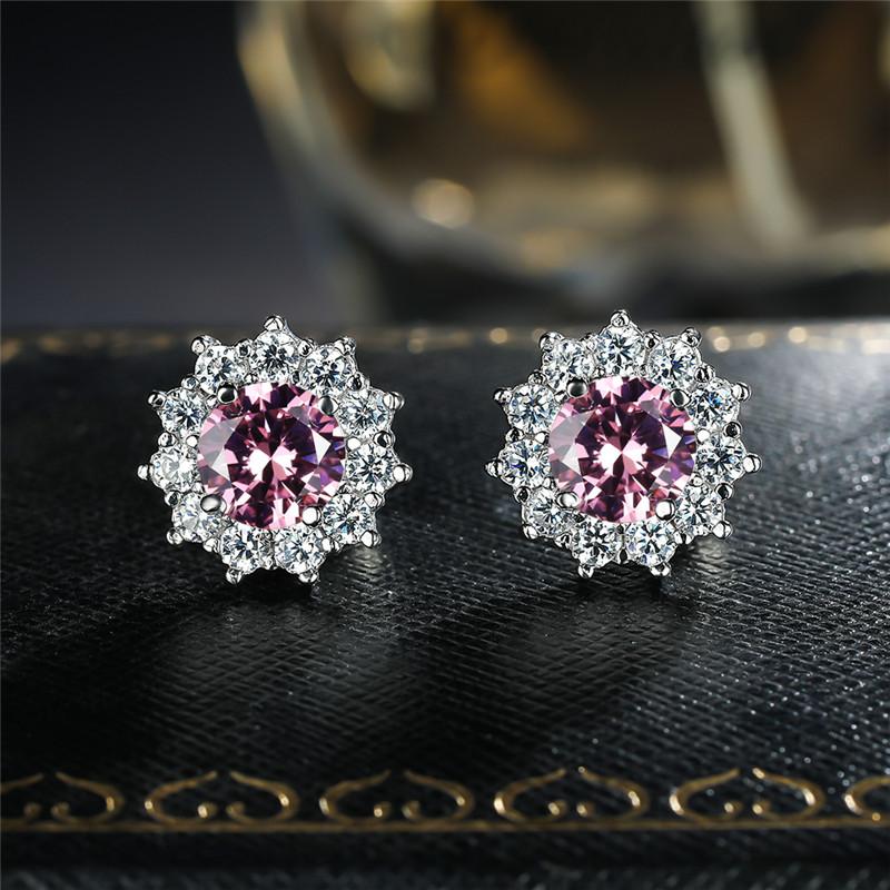 Cute Female Small Red Round Earrings Crystal Stone Fashion Silver Color Wedding Double Stud Earrings For Women