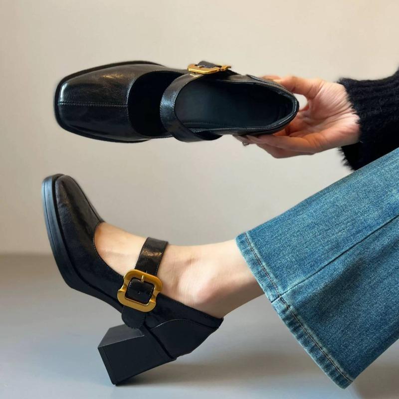 High-Heeled Mary Jane Schuhe Damen Frühling Neu Eckige Zehenpartie Bequeme Füße Blockabsatz Einzelne Schuhe