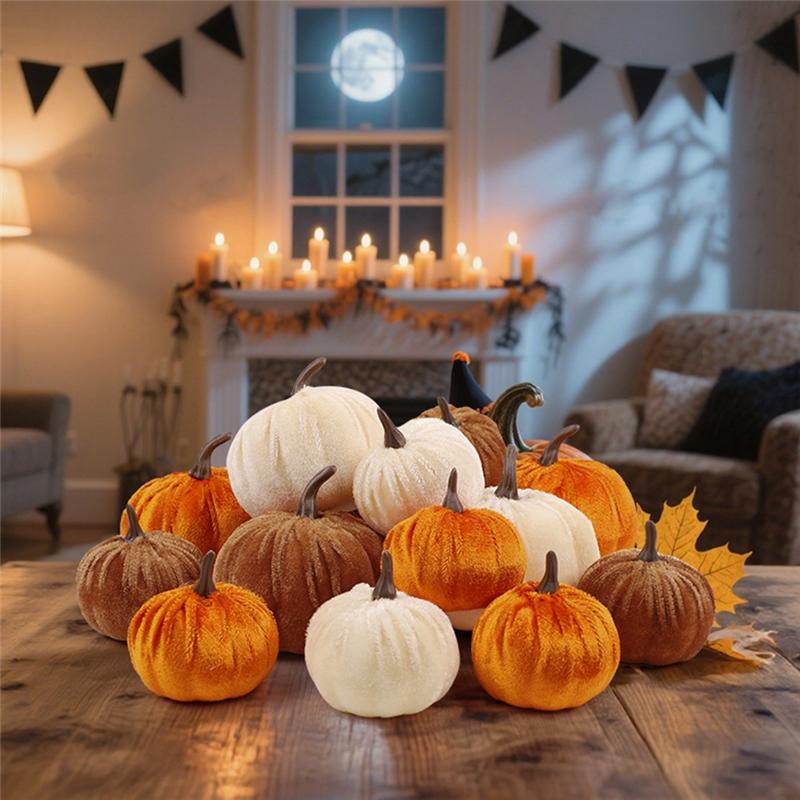 M-Modern-Artificial Pumpkins Decor,3 Colors Faux Flocked For Party Wedding Halloween Thanksgiving Table Decoration