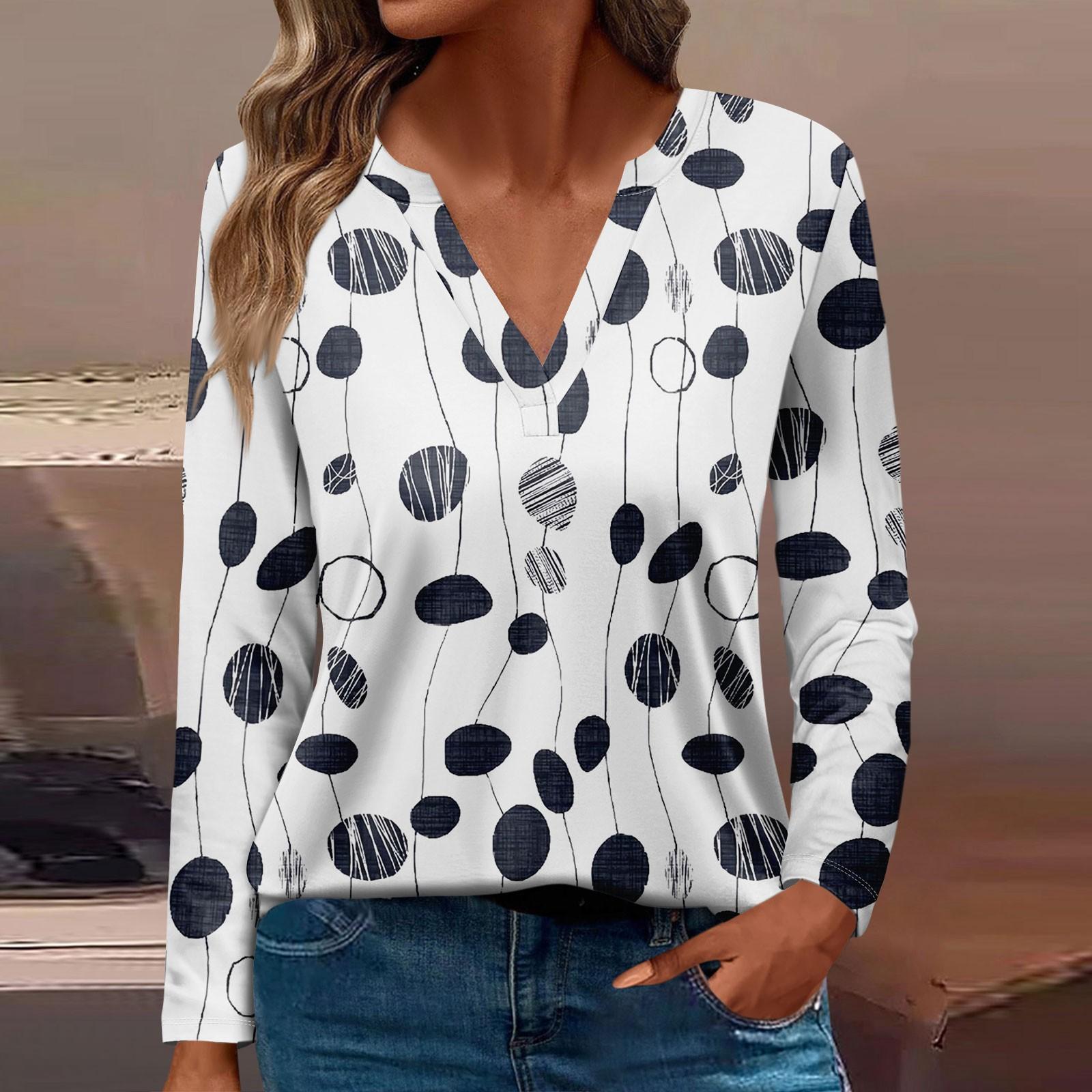 

Женская футболка Футболка с принтом и длинным рукавом Повседневные выходные Мода Базовый топ с V-образным вырезом Обычный топ белый