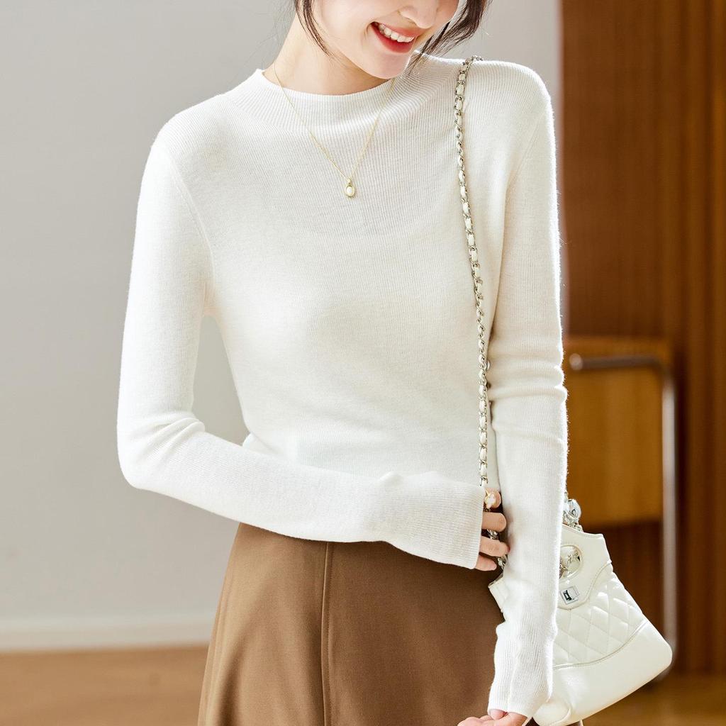 Women's Cotton Cocoon Half-High Collar Knitwear - Slim Fit Solid Color Base Layer Top (Spring/Autumn 2026)