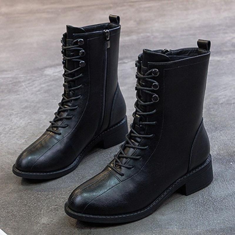 Fashion Elegant with Medium Heels Women's Ankle Boots Lace-up Leather Female Short Shoes Autumn Winter New in Sale Fashion 2025 Booties