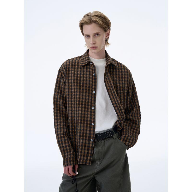 Kisko American Retro Bubble Gauze Plaid Distressed Long-Sleeved Shirt for Men and Women, Handsome Loose Casual Work Clothing Shirt
