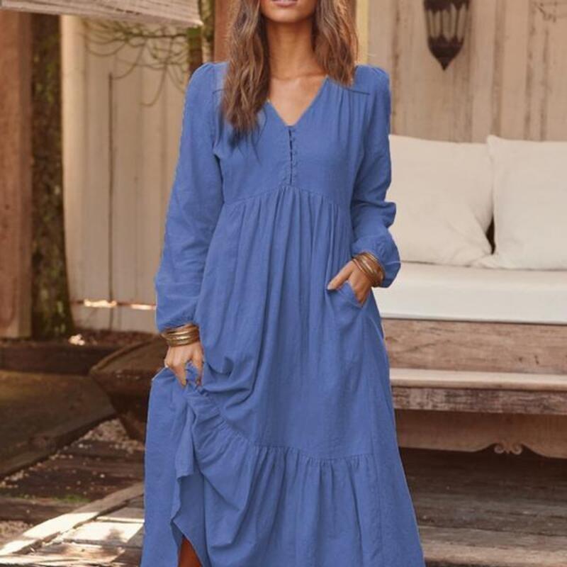 Spring and Autumn Dress Cotton and Hemp Retro Casual Long Sleeve Skirt