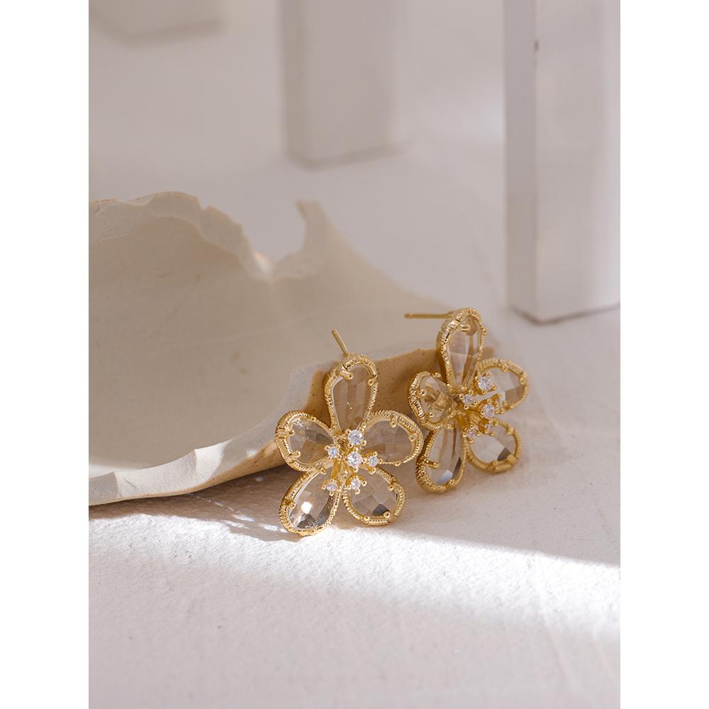 Yhpup Shiny Cubic Zirconia Flower Stud Earrings Exquisite Trendy Copper 14 K Plated Women Earrings Gift
