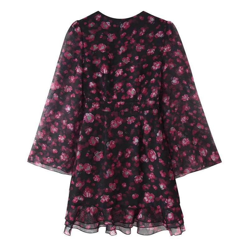 Womens V-Neck Floral Print Ruffle Dress 2026 Loose Fit Long Sleeve Mid-Length