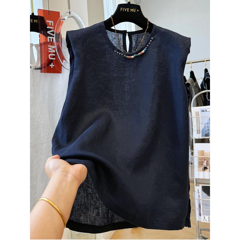 Women s Summer Sleeveless Cotton-Linen Embroidered Tank Top M