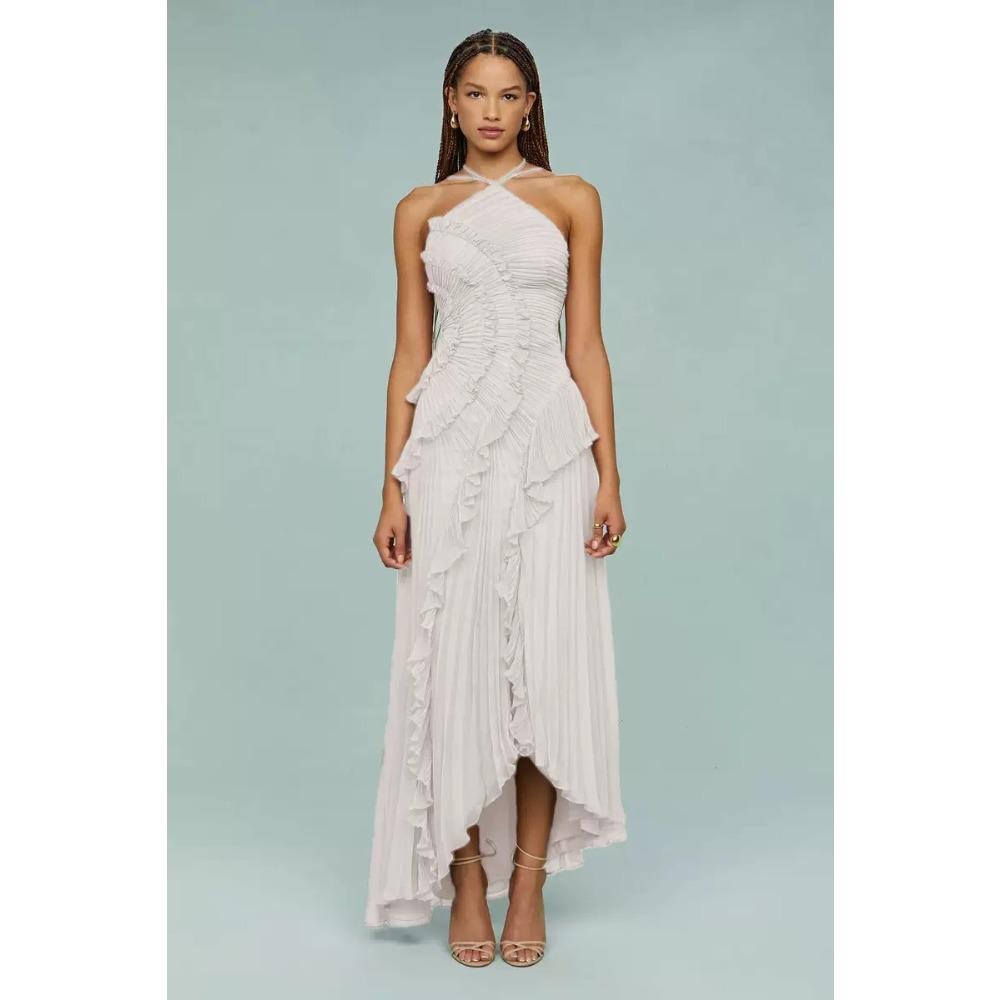 Women's Halter Sleeveless Midi Dress Slim High Waist Elegant Ruffle Chiffon Maxi Dress Solid Pleated Irregular Hem Party Long Dress