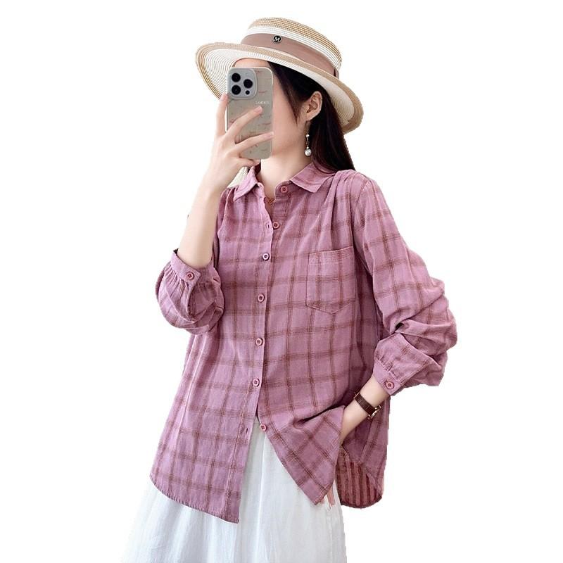 New retro casual style double-layer cotton yarn plaid shirt Japanese simple and versatile pure cotton loose long-sleeved shirt women