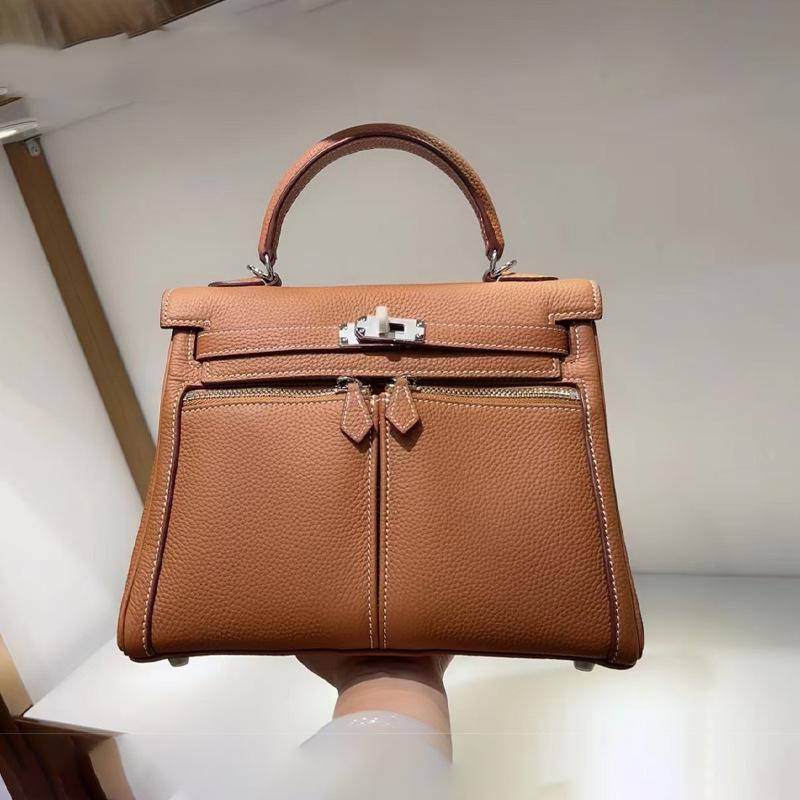 New Lakis Bag With Double Zippers And Wide Shoulder Straps High-end Multi Pocket Good Texture Swift Genuine Cowhide