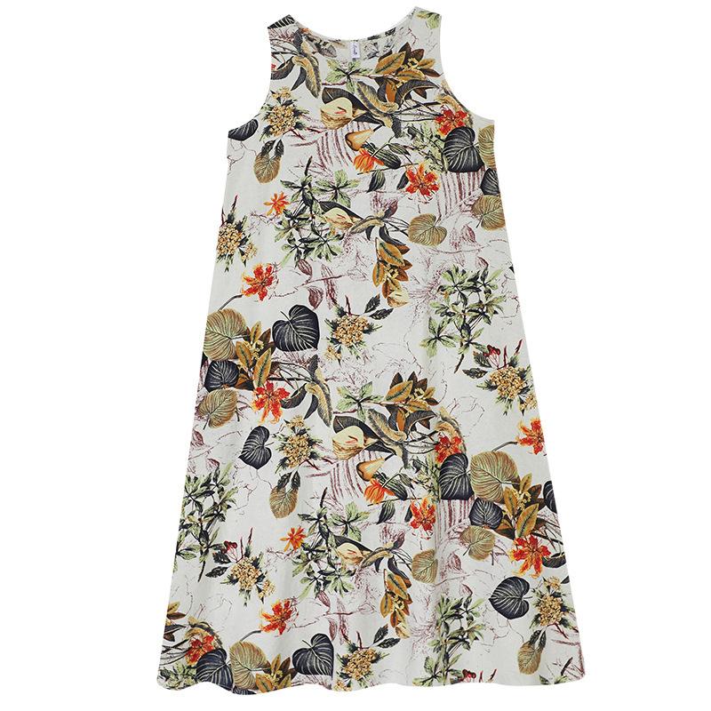 Summer Retro Plus Loose Printed Cotton Linen Round Neck Sleeveless Dress for Women's Mid To Long Length