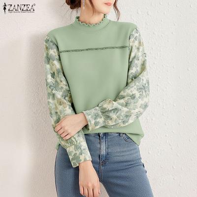 Women Casual Round Neck Splice Loose Long Sleeve Blouse