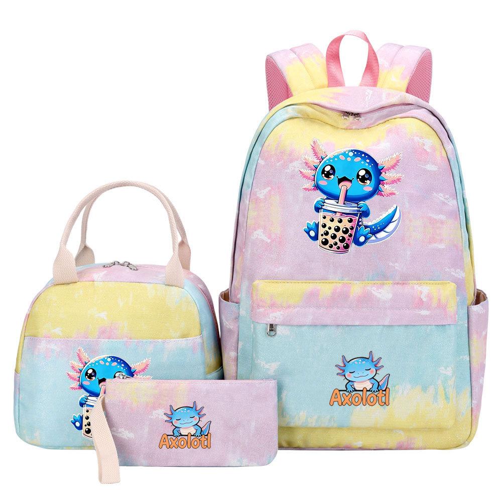 3Pcs Axolotl Backpack for Girls Teen, School Bag with Lunch Box & Pencil Case, Kids Student Daypack, Mochila Back To School Gift