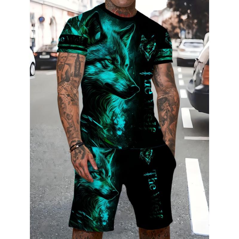 Summer Men's Sports Suit Wolf 3D Printed Short Sleeve T-Shirt and Shorts Set Casual Outfit